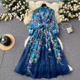 Printed Stand Collar Long-Sleeve Slim Waist Belt Chiffon Maxi Dress