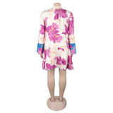 Women Elegant Floral Print V-Neck Patchwork Contrast Color Mini Dress