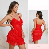 Multi-Layer Lace Trim Mesh Strap V-Neck Pearl Pendant Sleepwear Nightdress