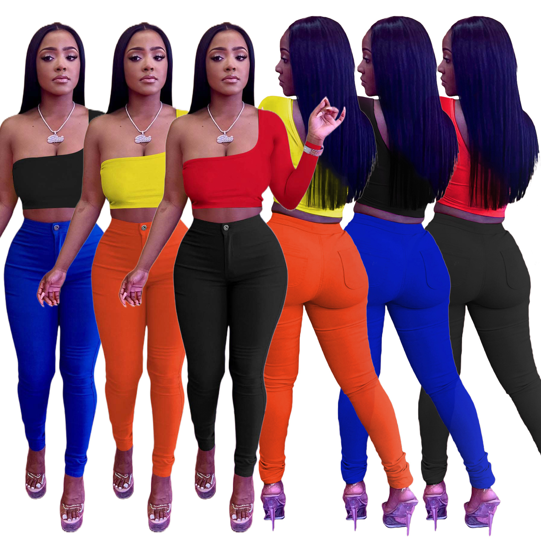 Trendy Color-Blocking Asymmetric Top Pants Two-Piece Set