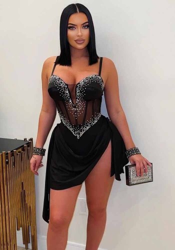 Elegant See-Through Beaded V-Neck Strap Slim Waist Stretch Club Dress