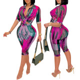 Casual Printed V-Neck Short-Sleeve Shirt Mid-Length Shorts Two-Piece Set