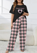 Heart Print Plaid Casual Loungewear Plus Size Pajama Set