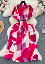 V-Neck Printed Summer Belt Slim Waist Loose Shirt Dress