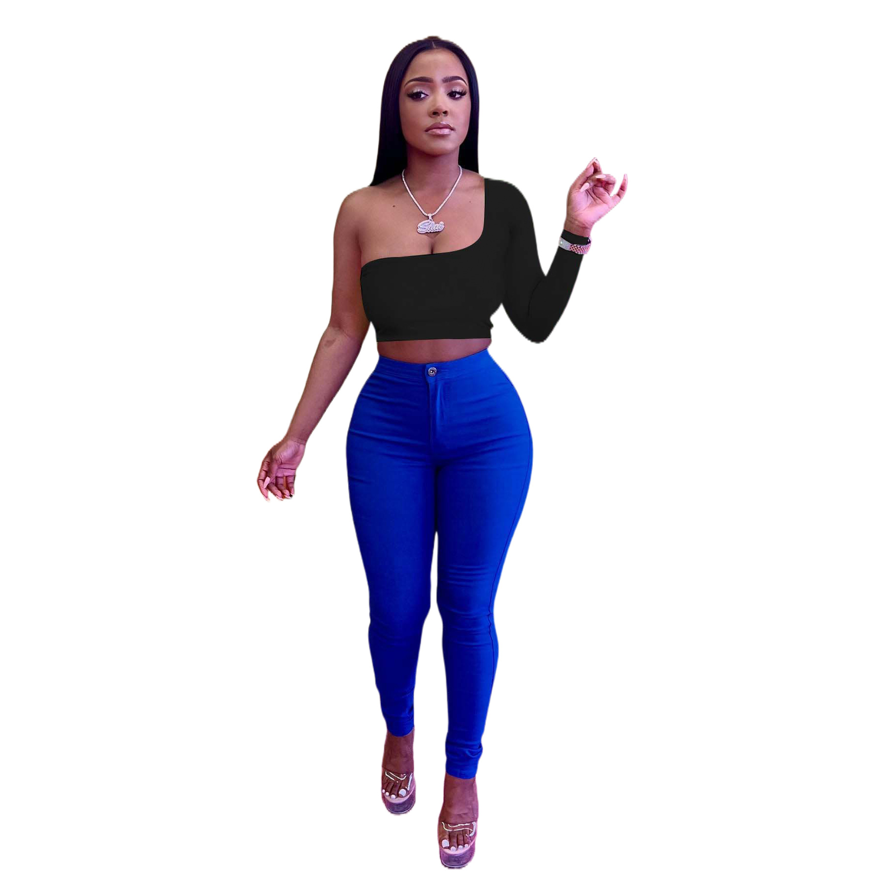 Trendy Color-Blocking Asymmetric Top Pants Two-Piece Set