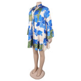 Women Elegant Floral Print V-Neck Patchwork Contrast Color Mini Dress