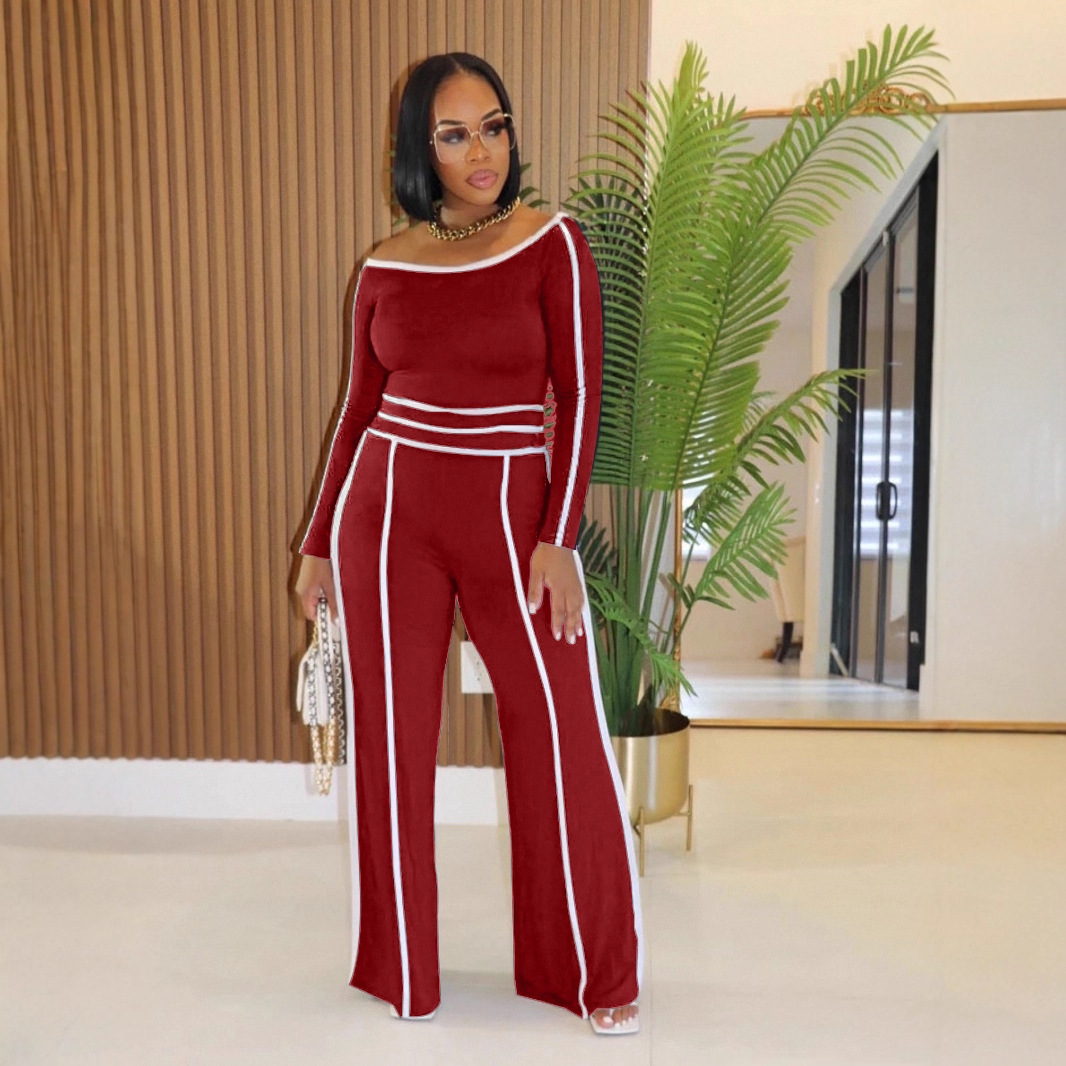 Casual Stretch Patchwork High-Waist Wide-Leg Pants & Long Sleeve Top Two-Piece Set