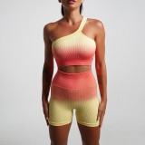 Seamless Tight-Fitting Yoga Set Gradient Long-Sleeve Workout Two-Piece Shorts Set
