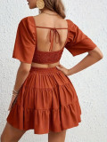 Summer Square-Neck Women's Solid Hollow-Out Open Waist Sexy Dress
