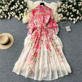 Printed Stand Collar Long-Sleeve Slim Waist Belt Chiffon Maxi Dress