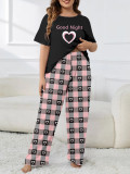 Heart Print Plaid Casual Loungewear Plus Size Pajama Set