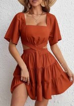 Summer Square-Neck Women's Solid Hollow-Out Open Waist Sexy Dress