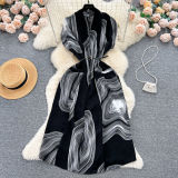 V-Neck Printed Summer Belt Slim Waist Loose Shirt Dress