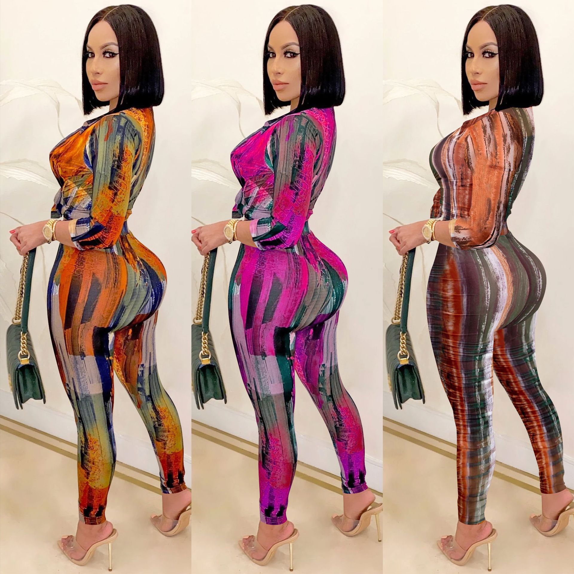 Printed V-Neck Long-Sleeve Pants Set