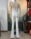 Sexy See-Through Lace Halter Lace-Up Slim-Fit Flare leg Jumpsuit