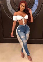 Casual Ripped Fringe Denim Pants Trendy High Street Jeans