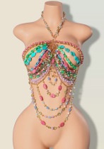 Gemstone Body Chain Low Back Halter Neck Beaded Strapless Top Gemstone Body Chain Low Back Halter Neck Beaded Strapless Top