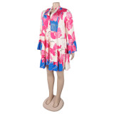 Women Elegant Floral Print V-Neck Patchwork Contrast Color Mini Dress