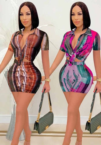 Trendy Print V-Neck Long-Sleeve Two-Piece Shorts Set