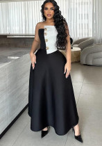 Color-Blocking Strapless Top High-Waist A-Line Skirt Elegant Formal Two-Piece Set