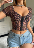 Sexy Leopard Print Short Sleeve Slim Tight Crop Top