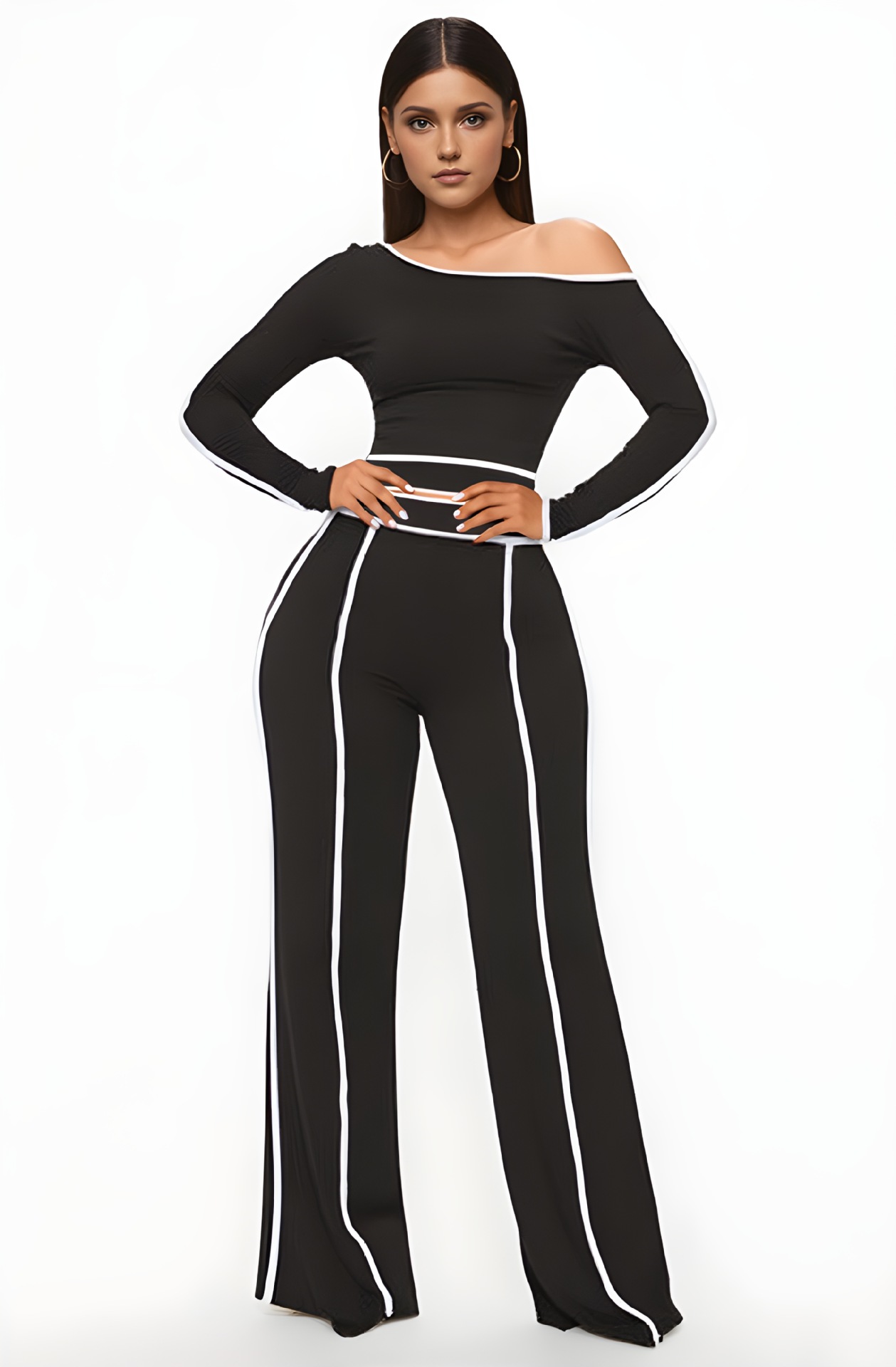 Casual Stretch Patchwork High-Waist Wide-Leg Pants & Long Sleeve Top Two-Piece Set