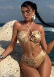 Trendy Two-Piece Shiny Fabric Swimsuit Sexy Lace-Up Bikini