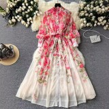 Printed Stand Collar Long-Sleeve Slim Waist Belt Chiffon Maxi Dress