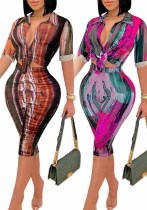 Casual Printed V-Neck Short-Sleeve Shirt Mid-Length Shorts Two-Piece Set