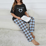 Heart Print Plaid Casual Loungewear Plus Size Pajama Set