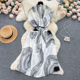 V-Neck Printed Summer Belt Slim Waist Loose Shirt Dress