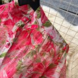 Printed Stand Collar Long-Sleeve Slim Waist Belt Chiffon Maxi Dress