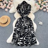 V-Neck Printed Summer Belt Slim Waist Loose Shirt Dress