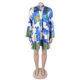 Women Elegant Floral Print V-Neck Patchwork Contrast Color Mini Dress