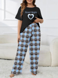 Heart Print Plaid Casual Loungewear Plus Size Pajama Set