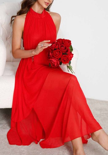 Women's Trendy Mesh Halter Neck Slim Waist Pleated Flared Maxi Dress