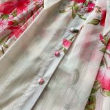 Printed Stand Collar Long-Sleeve Slim Waist Belt Chiffon Maxi Dress