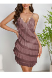 Multi-Layer Lace Trim Mesh Strap V-Neck Pearl Pendant Sleepwear Nightdress