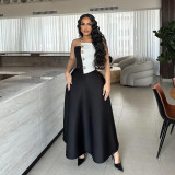 Color-Blocking Strapless Top High-Waist A-Line Skirt Elegant Formal Two-Piece Set