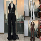 Sexy See-Through Lace Halter Lace-Up Slim-Fit Flare leg Jumpsuit
