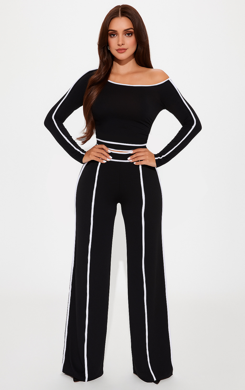 Casual Stretch Patchwork High-Waist Wide-Leg Pants & Long Sleeve Top Two-Piece Set