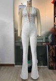 Sexy See-Through Lace Halter Lace-Up Slim-Fit Flare leg Jumpsuit