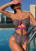 Bikini Leopard Print Color-Blocking Hollow-Out One-Piece Swimsuit