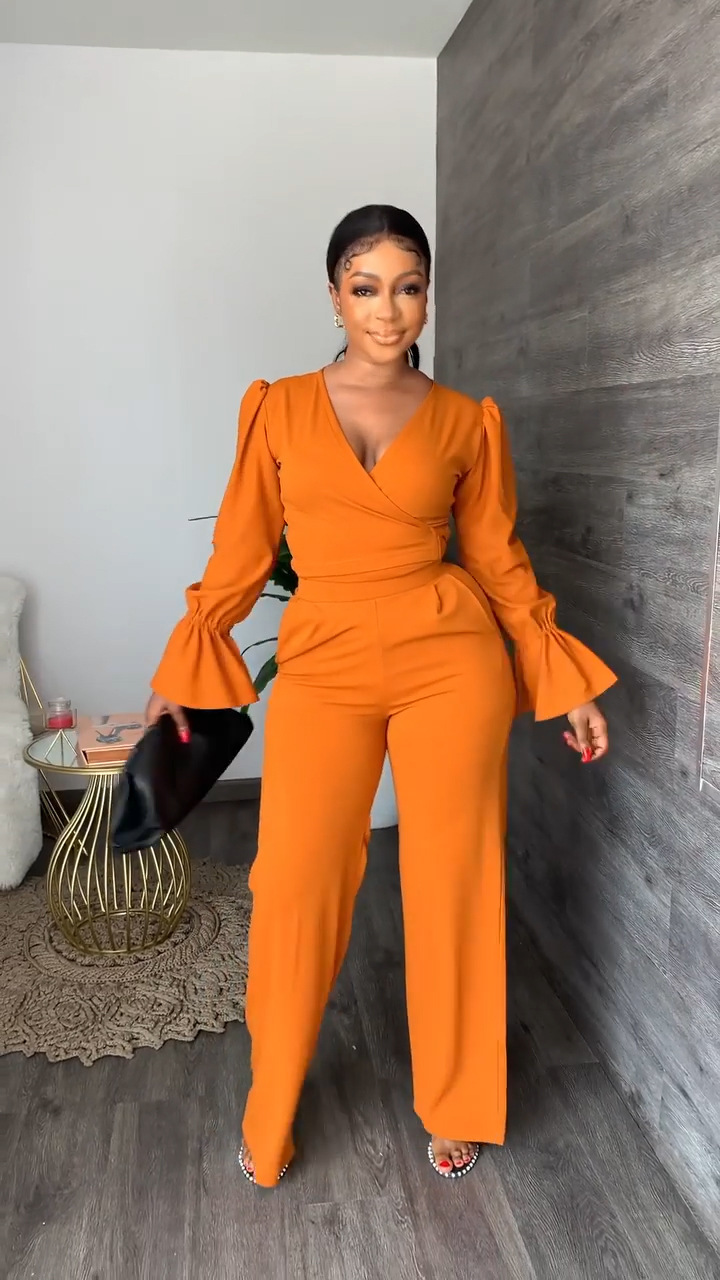 Women Casual V-Neck Lace-Up Bell Bottom Long Sleeve Solid Top and Pants Two-Piece Set