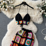 Women Summer Crochet Flower Suspender Top and Wide Leg Pants Retro Two-piece Set