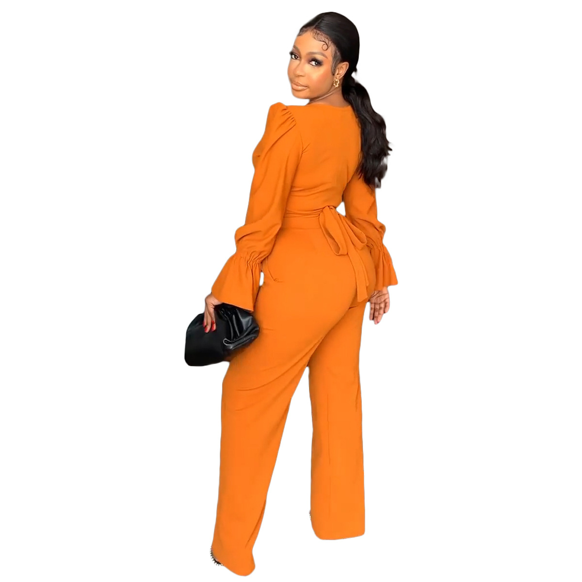 Women Casual V-Neck Lace-Up Bell Bottom Long Sleeve Solid Top and Pants Two-Piece Set