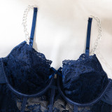 Women Lace See-Through Lace-Up Lace Metal Chain Suspender Bodysuit Sexy Lingerie