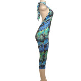 Sexy Printed Halter Blackless Slim Tight Jumpsuit