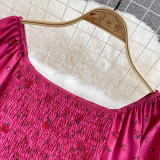 Women Summer French Square Neck Bubble Short Sleeve Slit Dress