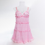 Women Pink Ruffle Edge Suspender Nightdress Sexy Lingerie